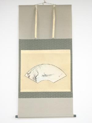 隆章筆　柳下舟人物　扇面　肉筆紙本掛軸（共箱）